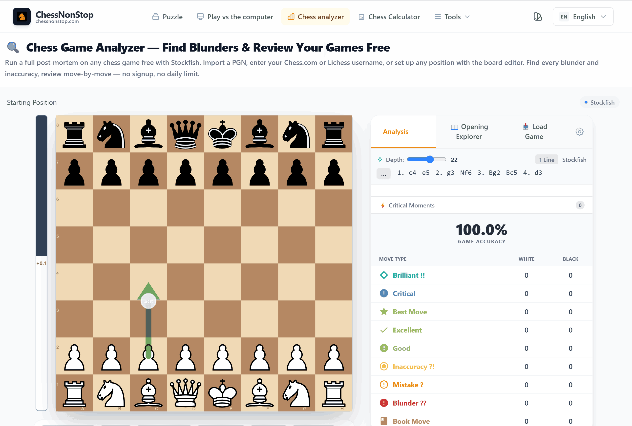Free Chess Game Analyzer - Analyze your games with the same engine used by top grandmasters. Upload PGN from any platform and get detailed move-by-move evaluation.